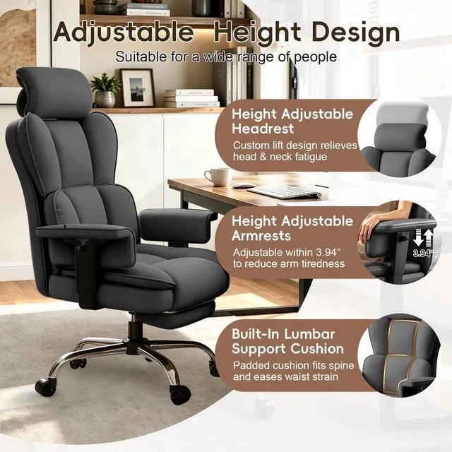 Alt view image 4 of 7 - Big and Tall Office Chair, Heavy Duty Executive Office Desk Chair with Adjustable Armrests and Foot Rest, Leather Computer Gaming Chair for Home Office