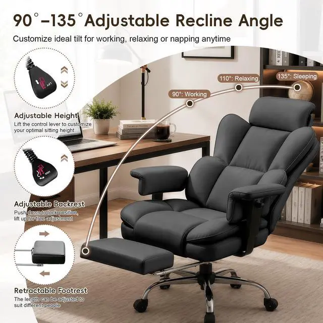 Alt view image 6 of 7 - Big and Tall Office Chair, Heavy Duty Executive Office Desk Chair with Adjustable Armrests and Foot Rest, Leather Computer Gaming Chair for Home Office