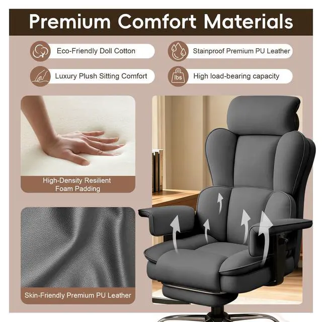 Alt view image 5 of 7 - Big and Tall Office Chair, Heavy Duty Executive Office Desk Chair with Adjustable Armrests and Foot Rest, Leather Computer Gaming Chair for Home Office