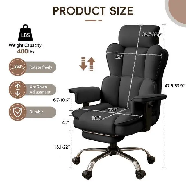 Alt view image 2 of 7 - Big and Tall Office Chair, Heavy Duty Executive Office Desk Chair with Adjustable Armrests and Foot Rest, Leather Computer Gaming Chair for Home Office