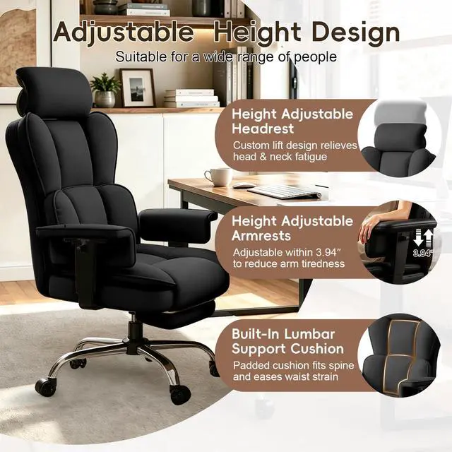 Alt view image 4 of 7 - Big and Tall Office Chair, Heavy Duty Executive Office Desk Chair with Adjustable Armrests and Foot Rest, Leather Computer Gaming Chair for Home Office