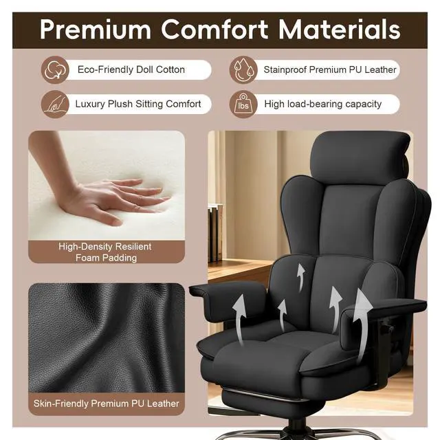 Alt view image 5 of 7 - Big and Tall Office Chair, Heavy Duty Executive Office Desk Chair with Adjustable Armrests and Foot Rest, Leather Computer Gaming Chair for Home Office