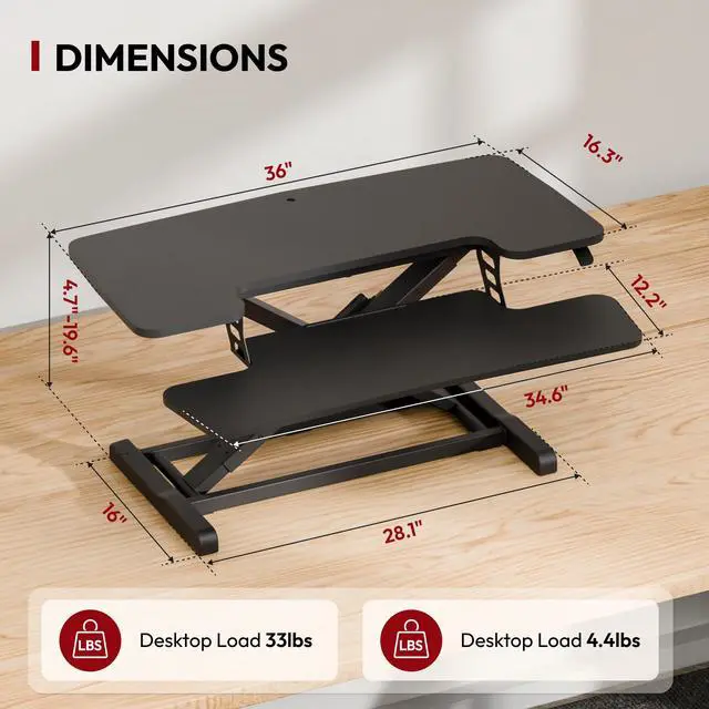 Alt view image 2 of 7 - 36" Standing Desk Converter, Adjustable Sit to Stand Desk Riser with Effortless Lifting for Home Office, Desk Topper for Dual Monitors, Computer Lift with Keyboard Tray, Black
