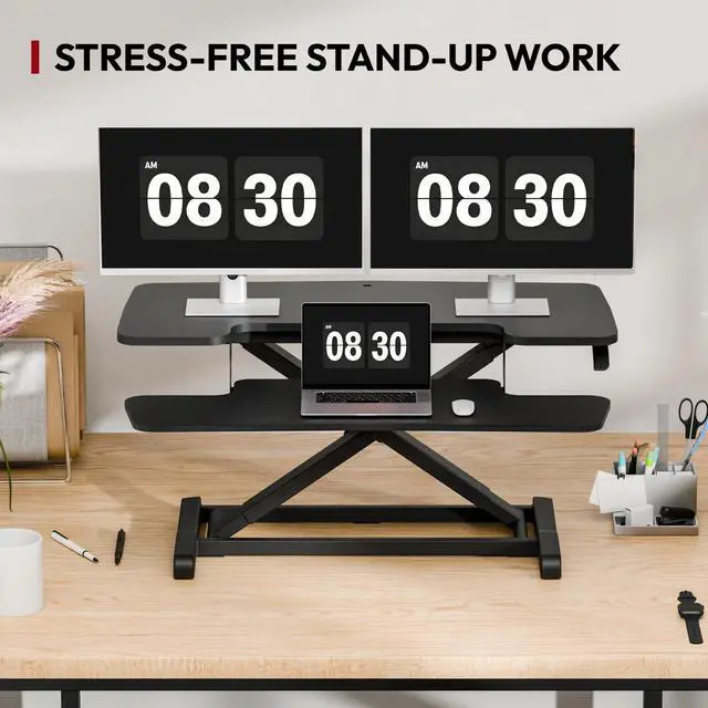 Alt view image 3 of 7 - 36" Standing Desk Converter, Adjustable Sit to Stand Desk Riser with Effortless Lifting for Home Office, Desk Topper for Dual Monitors, Computer Lift with Keyboard Tray, Black