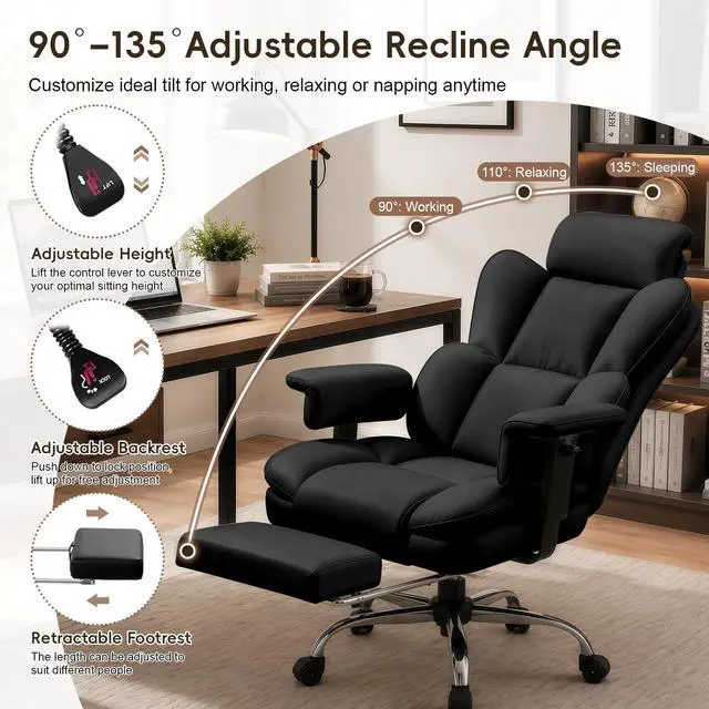 Alt view image 6 of 7 - Big and Tall Office Chair, Heavy Duty Executive Office Desk Chair with Adjustable Armrests and Foot Rest, Leather Computer Gaming Chair for Home Office