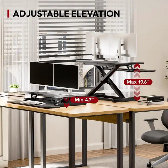 Alt view image 5 of 7 - 36" Standing Desk Converter, Adjustable Sit to Stand Desk Riser with Effortless Lifting for Home Office, Desk Topper for Dual Monitors, Computer Lift with Keyboard Tray, Black
