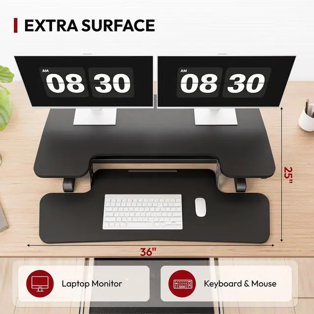 Alt view image 7 of 7 - 36" Standing Desk Converter, Adjustable Sit to Stand Desk Riser with Effortless Lifting for Home Office, Desk Topper for Dual Monitors, Computer Lift with Keyboard Tray, Black