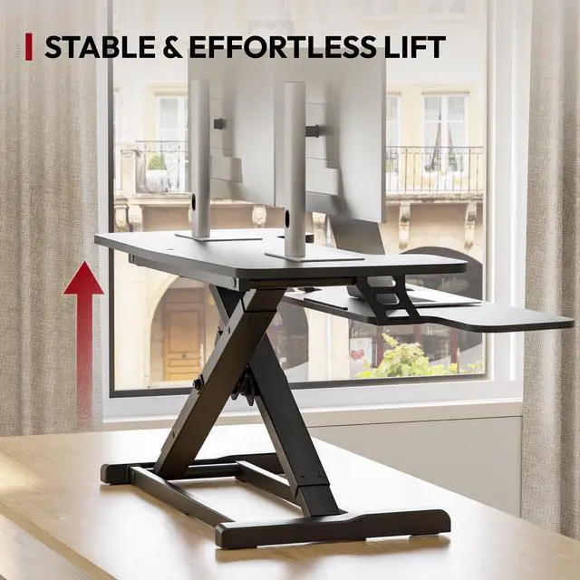 Alt view image 6 of 7 - 36" Standing Desk Converter, Adjustable Sit to Stand Desk Riser with Effortless Lifting for Home Office, Desk Topper for Dual Monitors, Computer Lift with Keyboard Tray, Black