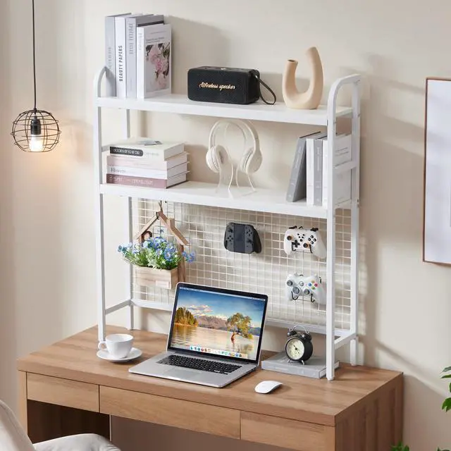 Alt view image 2 of 7 - Desk Shelf, 36.8 Desktop Organizer Shelf with Grid Panel and Hooks, Desk Hutch for Computer Monitor, 2 Tier Desk Display Rack Wood Desktop Bookshelf Storage for Home Office Dorm