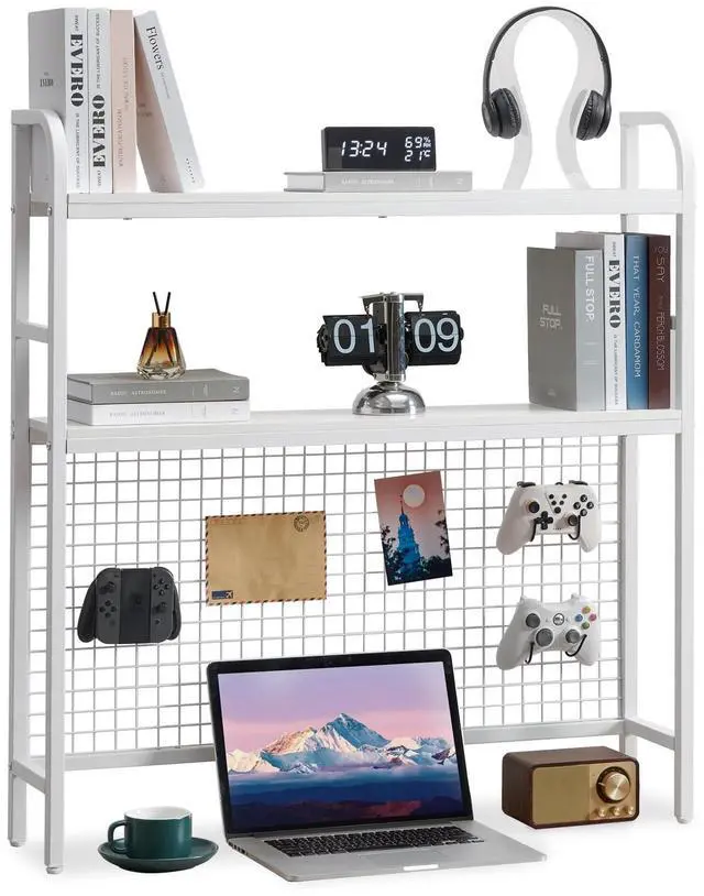 Main image of Desk Shelf, 36.8 Desktop Organizer Shelf with Grid Panel and Hooks, Desk Hutch for Computer Monitor, 2 Tier Desk Display Rack Wood Desktop Bookshelf Storage for Home Office Dorm