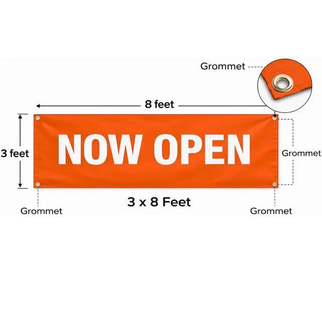 Alt view image 2 of 4 - Buisness Banners 3x8 Feet Large Banner Bold, Weatherproof Vinyl Sign for Retail Stores & Businesses (Orange Now Open Banner)