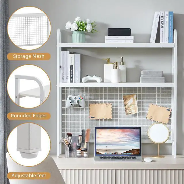 Alt view image 5 of 7 - Desk Shelf, 36.8 Desktop Organizer Shelf with Grid Panel and Hooks, Desk Hutch for Computer Monitor, 2 Tier Desk Display Rack Wood Desktop Bookshelf Storage for Home Office Dorm
