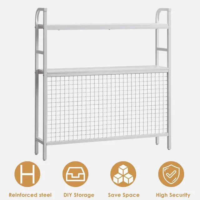 Alt view image 7 of 7 - Desk Shelf, 36.8 Desktop Organizer Shelf with Grid Panel and Hooks, Desk Hutch for Computer Monitor, 2 Tier Desk Display Rack Wood Desktop Bookshelf Storage for Home Office Dorm
