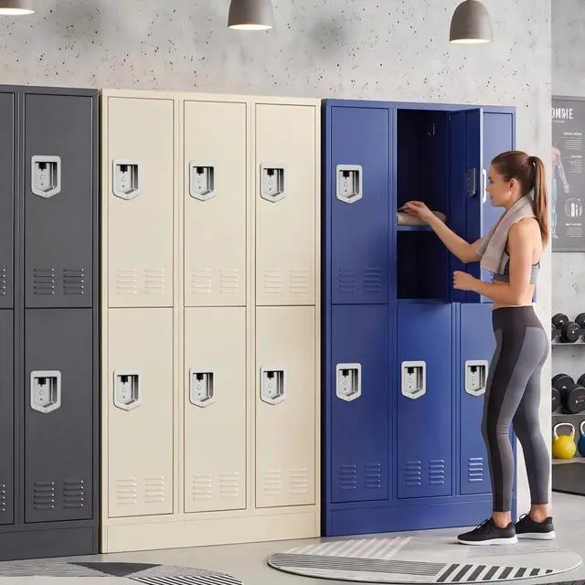 Alt view image 2 of 7 - 6 Door Metal Storage Locker for Employees, Heavy Duty Steel School Locker with Lift Up Handle & Recessed Hasp, Gym Office Lockers with Adjustable Shelves & Hooks, 72"H x 35.4"W x 15.75"D, Beige