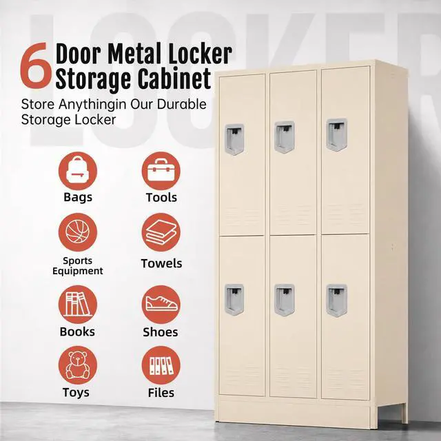 Alt view image 4 of 7 - 6 Door Metal Storage Locker for Employees, Heavy Duty Steel School Locker with Lift Up Handle & Recessed Hasp, Gym Office Lockers with Adjustable Shelves & Hooks, 72"H x 35.4"W x 15.75"D, Beige