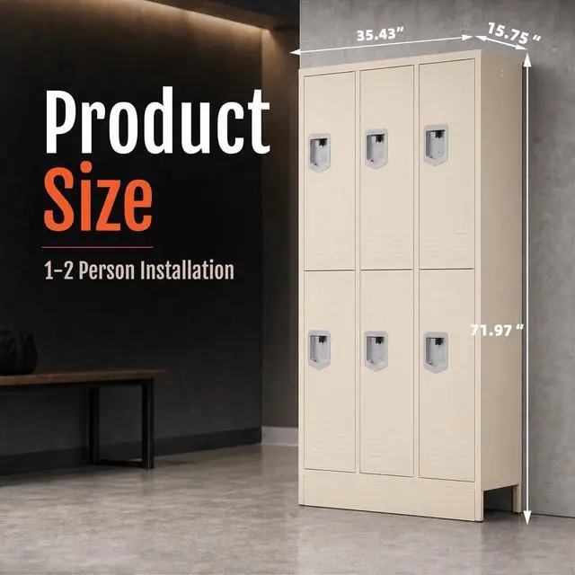Alt view image 3 of 7 - 6 Door Metal Storage Locker for Employees, Heavy Duty Steel School Locker with Lift Up Handle & Recessed Hasp, Gym Office Lockers with Adjustable Shelves & Hooks, 72"H x 35.4"W x 15.75"D, Beige