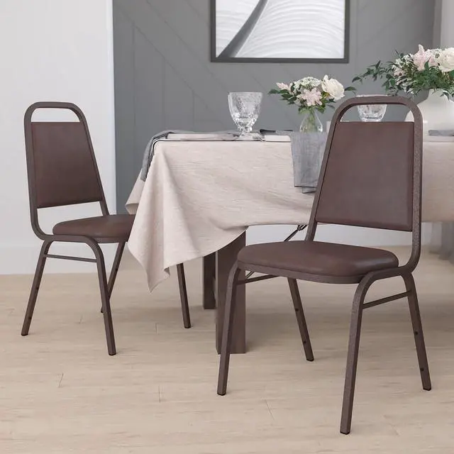 Alt view image 2 of 7 - 4 Pack HERCULES Series Trapezoidal Back Stacking Banquet Chair in Brown Vinyl - Copper Vein Frame