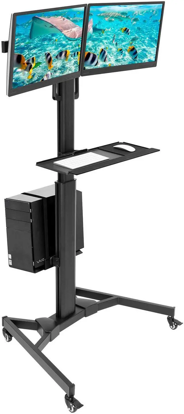 Main image of Dual Monitor Computer Cart Mobile Standing Desk with Wheels, Rolling Workstation with Keyboard Tray, CPU Holder, and Adjustable Screen Mount for Office, Medical, or Warehouse