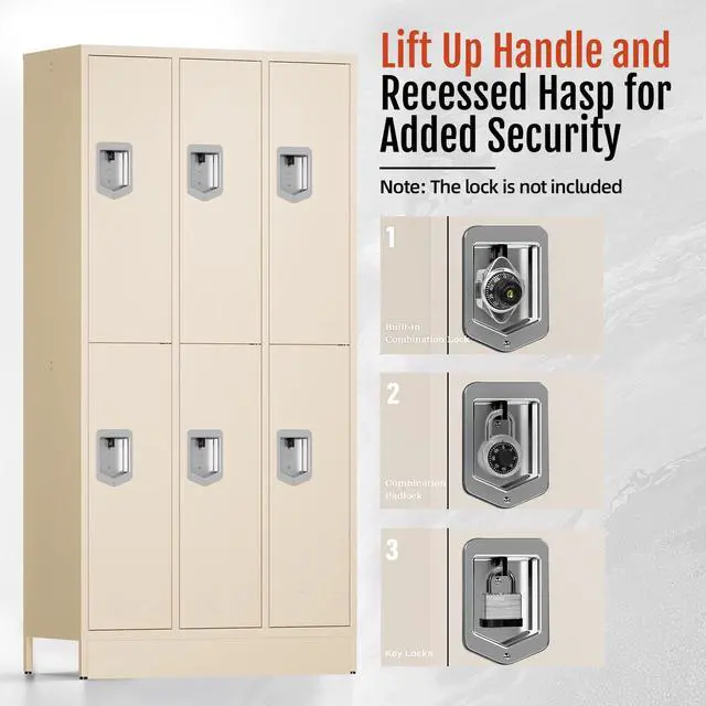 Alt view image 5 of 7 - 6 Door Metal Storage Locker for Employees, Heavy Duty Steel School Locker with Lift Up Handle & Recessed Hasp, Gym Office Lockers with Adjustable Shelves & Hooks, 72"H x 35.4"W x 15.75"D, Beige