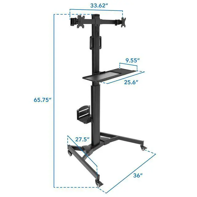 Alt view image 3 of 4 - Dual Monitor Computer Cart Mobile Standing Desk with Wheels, Rolling Workstation with Keyboard Tray, CPU Holder, and Adjustable Screen Mount for Office, Medical, or Warehouse