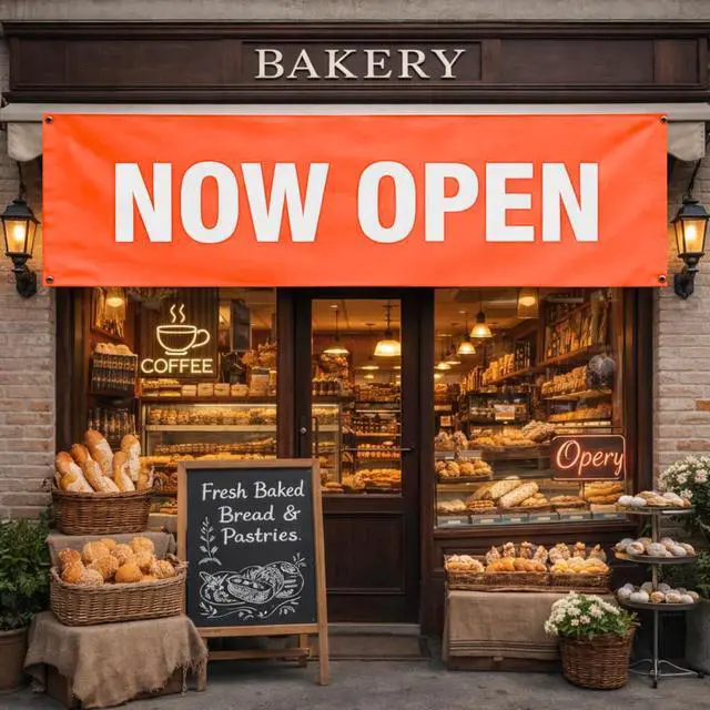Alt view image 4 of 4 - Buisness Banners 3x8 Feet Large Banner Bold, Weatherproof Vinyl Sign for Retail Stores & Businesses (Orange Now Open Banner)