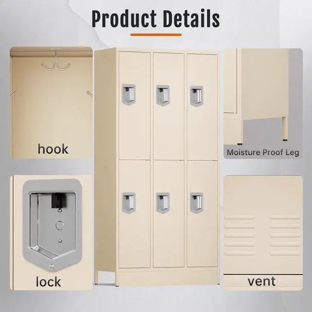 Alt view image 6 of 7 - 6 Door Metal Storage Locker for Employees, Heavy Duty Steel School Locker with Lift Up Handle & Recessed Hasp, Gym Office Lockers with Adjustable Shelves & Hooks, 72"H x 35.4"W x 15.75"D, Beige