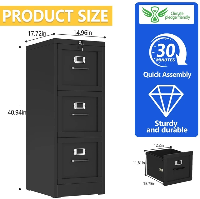 Alt view image 3 of 7 - Metal Vertical File Cabinet with Lock, Home Office 3 Drawer Cabinet | 3 Drawer Filing Cabinet, Beside Desk File Cabinet, Black Lockable Storage Cabinet, Fits Letter/Legal/A4 Size