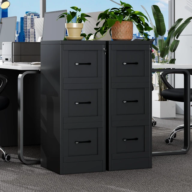 Alt view image 2 of 7 - Metal Vertical File Cabinet with Lock, Home Office 3 Drawer Cabinet | 3 Drawer Filing Cabinet, Beside Desk File Cabinet, Black Lockable Storage Cabinet, Fits Letter/Legal/A4 Size