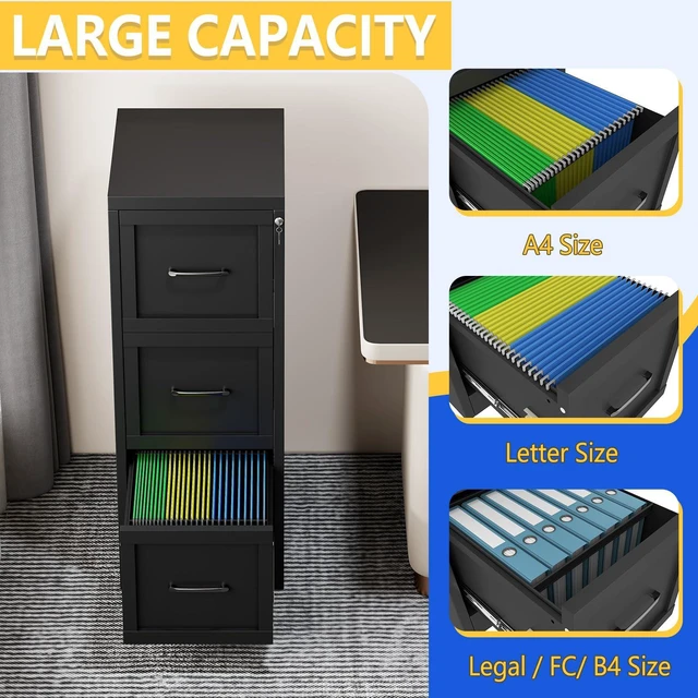 Alt view image 5 of 7 - Metal Vertical File Cabinet with Lock, Home Office 3 Drawer Cabinet | 3 Drawer Filing Cabinet, Beside Desk File Cabinet, Black Lockable Storage Cabinet, Fits Letter/Legal/A4 Size
