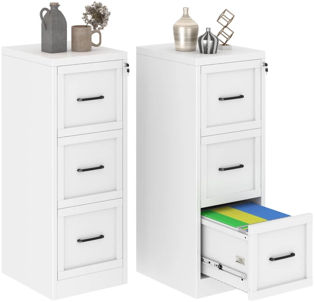 Main image of Metal Vertical File Cabinet with Lock, Home Office 3 Drawer Cabinet | 3 Drawer Filing Cabinet, Beside Desk File Cabinet, White Lockable Storage Cabinet, Fits Letter/Legal/A4 Size