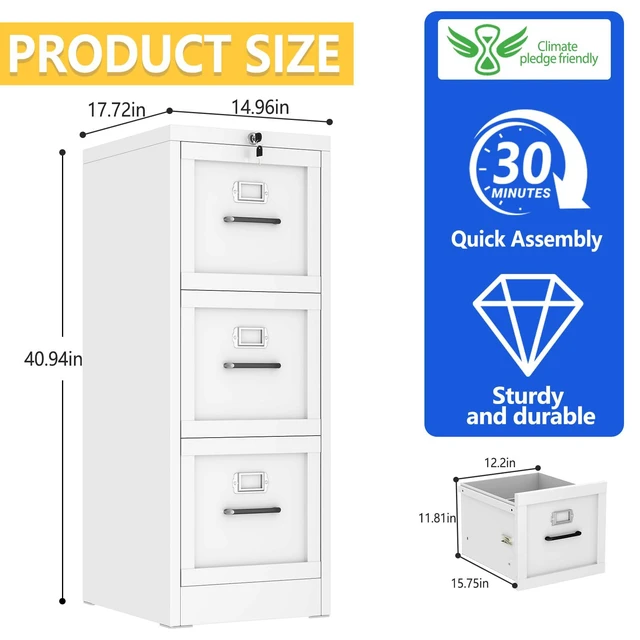 Alt view image 3 of 7 - Metal Vertical File Cabinet with Lock, Home Office 3 Drawer Cabinet | 3 Drawer Filing Cabinet, Beside Desk File Cabinet, White Lockable Storage Cabinet, Fits Letter/Legal/A4 Size