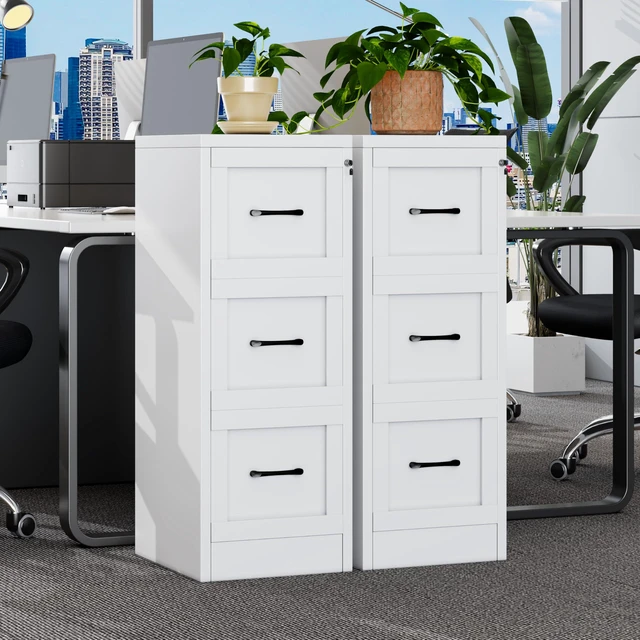 Alt view image 2 of 7 - Metal Vertical File Cabinet with Lock, Home Office 3 Drawer Cabinet | 3 Drawer Filing Cabinet, Beside Desk File Cabinet, White Lockable Storage Cabinet, Fits Letter/Legal/A4 Size