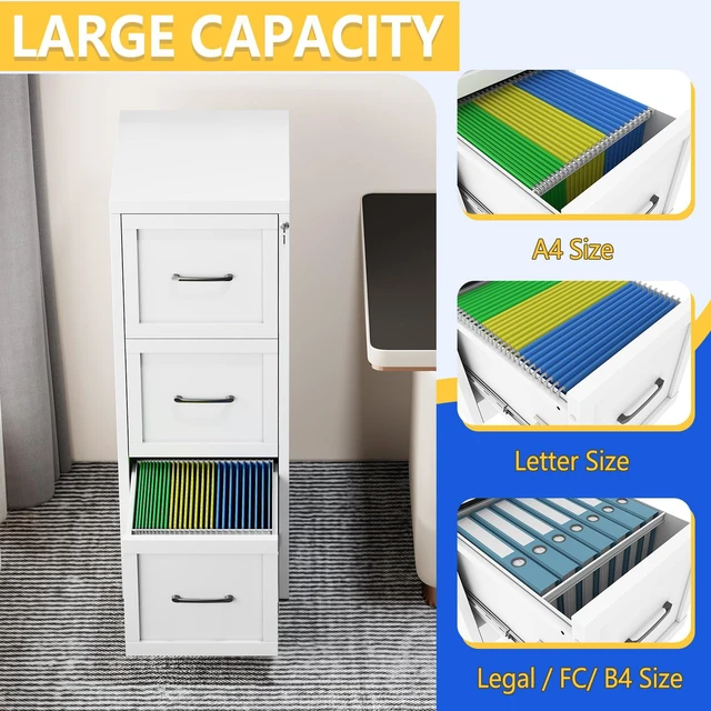 Alt view image 5 of 7 - Metal Vertical File Cabinet with Lock, Home Office 3 Drawer Cabinet | 3 Drawer Filing Cabinet, Beside Desk File Cabinet, White Lockable Storage Cabinet, Fits Letter/Legal/A4 Size