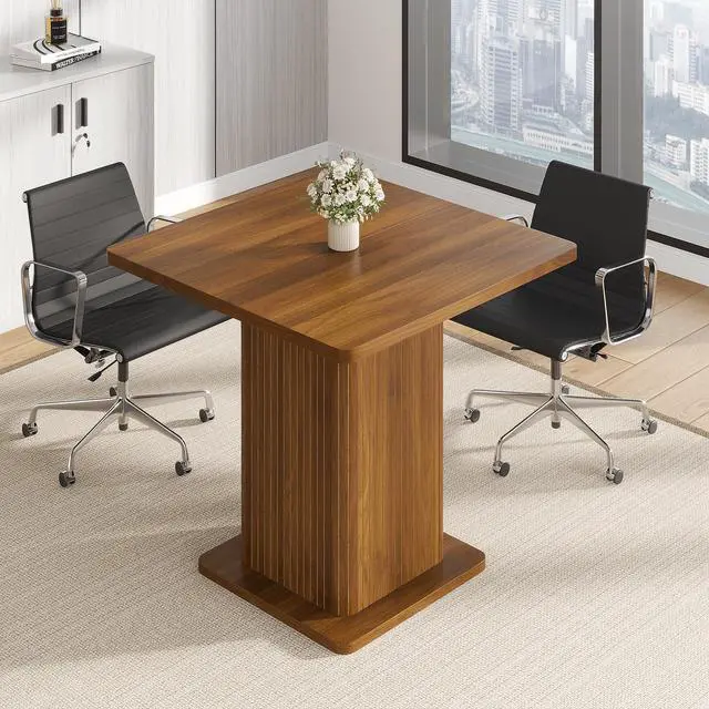 Alt view image 3 of 7 - Small Square Conference Table for 2-4 People, 31.5 Inch, Walnut | Modern Meeting Room Table with Fluted Doors, Wood 2-Tier Storage, Small Compact, Office, Training, Conference Room