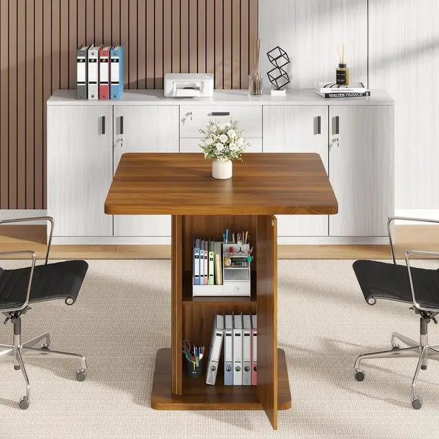 Alt view image 4 of 7 - Small Square Conference Table for 2-4 People, 31.5 Inch, Walnut | Modern Meeting Room Table with Fluted Doors, Wood 2-Tier Storage, Small Compact, Office, Training, Conference Room