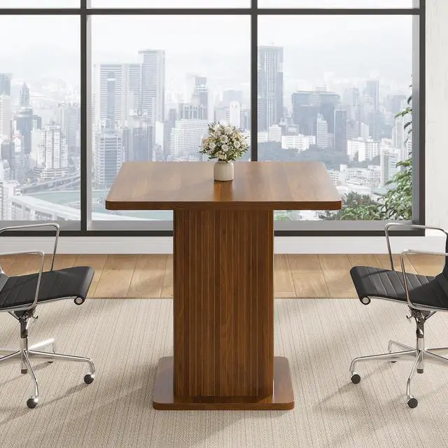 Alt view image 5 of 7 - Small Square Conference Table for 2-4 People, 31.5 Inch, Walnut | Modern Meeting Room Table with Fluted Doors, Wood 2-Tier Storage, Small Compact, Office, Training, Conference Room