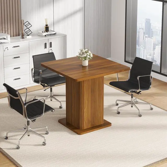 Alt view image 6 of 7 - Small Square Conference Table for 2-4 People, 31.5 Inch, Walnut | Modern Meeting Room Table with Fluted Doors, Wood 2-Tier Storage, Small Compact, Office, Training, Conference Room