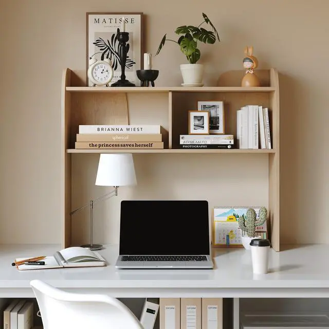 Main image of 37" Wooden 3-Tier Desktop Bookshelf, Burlywood | Rounded-Edge Desk Storage Organizer, Space-Saving Countertop Shelving Unit for Home, Office & Dorm