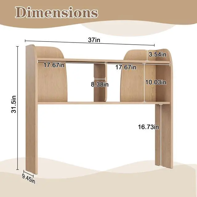 Alt view image 2 of 7 - 37" Wooden 3-Tier Desktop Bookshelf, Burlywood | Rounded-Edge Desk Storage Organizer, Space-Saving Countertop Shelving Unit for Home, Office & Dorm