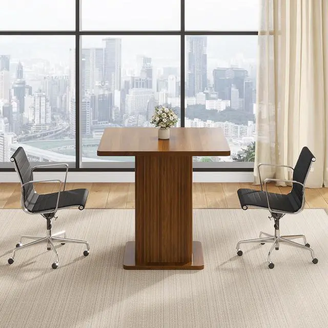 Alt view image 7 of 7 - Small Square Conference Table for 2-4 People, 31.5 Inch, Walnut | Modern Meeting Room Table with Fluted Doors, Wood 2-Tier Storage, Small Compact, Office, Training, Conference Room