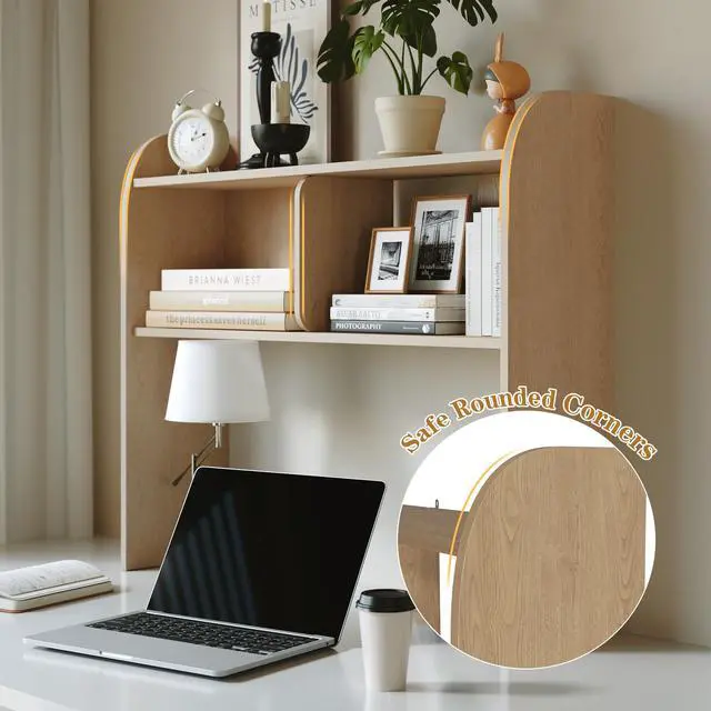 Alt view image 4 of 7 - 37" Wooden 3-Tier Desktop Bookshelf, Burlywood | Rounded-Edge Desk Storage Organizer, Space-Saving Countertop Shelving Unit for Home, Office & Dorm