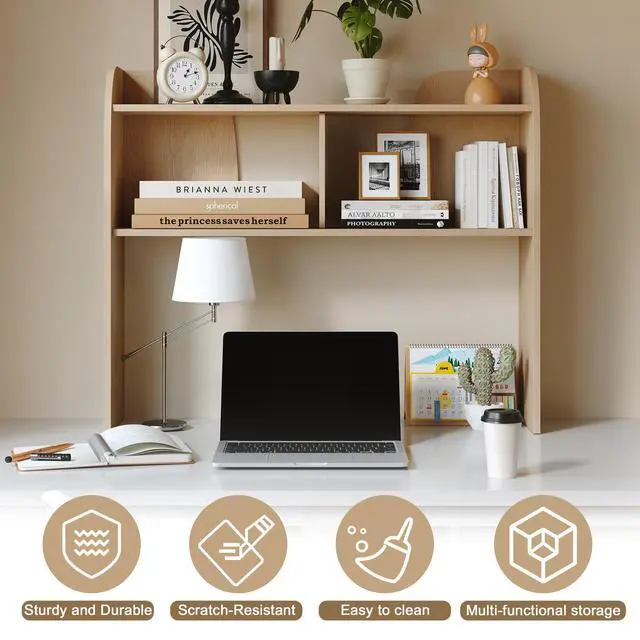 Alt view image 6 of 7 - 37" Wooden 3-Tier Desktop Bookshelf, Burlywood | Rounded-Edge Desk Storage Organizer, Space-Saving Countertop Shelving Unit for Home, Office & Dorm