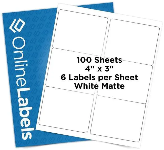 Main image of OnlineLabels 4" x 3" Labels - White Matte - Inkjet/Laser - 100 Sheets | Permanent Adhesive, Blank Rectangle Labels, Inkjet & Laser Compatible, Ideal for Shipping, Wine, & Product Labels