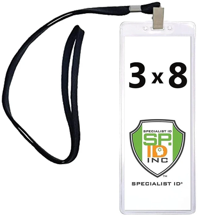 Main image of Bulk 100 Pack - Heavy Duty 3X8 Ticket Badge Holder with Lanyard - Clear Plastic Extra Large Top Load Card Sleeve Protector for Concert, Season Tickets & Sporting Event Pass by (Black)