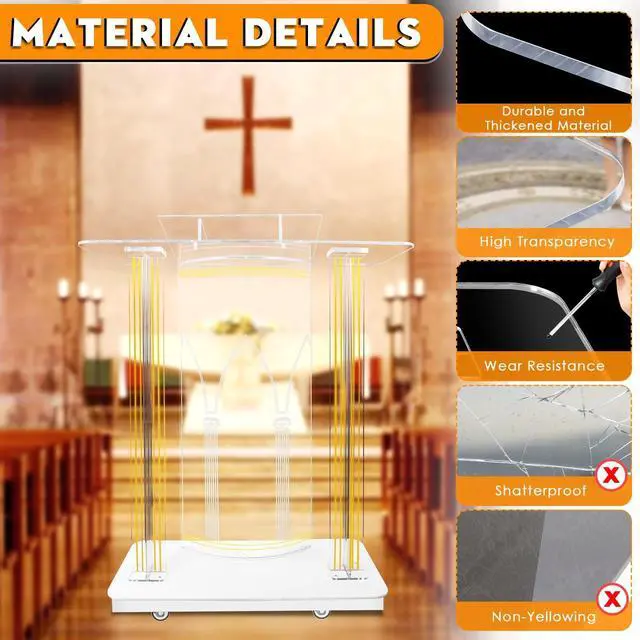 Alt view image 5 of 7 - 43IN Church Pulpit with 15 Colors Led Lights, Acrylic Pulpits for Churches, Transparent Podium Stand with Wheels& Spacious Reading Platform, Clear Lectern for Speech (37.4L*16.5W *42.7H)