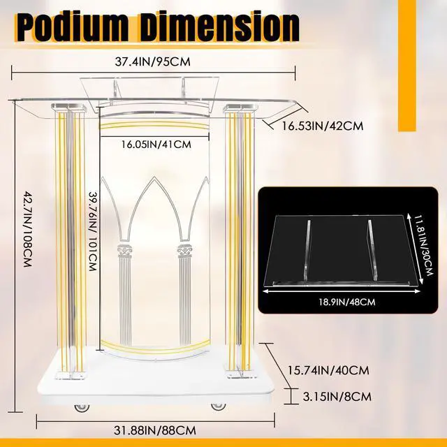 Alt view image 6 of 7 - 43IN Church Pulpit with 15 Colors Led Lights, Acrylic Pulpits for Churches, Transparent Podium Stand with Wheels& Spacious Reading Platform, Clear Lectern for Speech (37.4L*16.5W *42.7H)