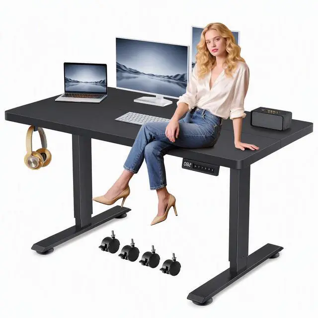 Main image of Hmimi 63'' ×24'' Height Adjustable Electric Standing Desk | Lockable Wheels, 4 Memory Presets, 2 Cable Holes, 2 Hooks, Free 40''×18'' Mouse Pad, Anti-Collision System, Black