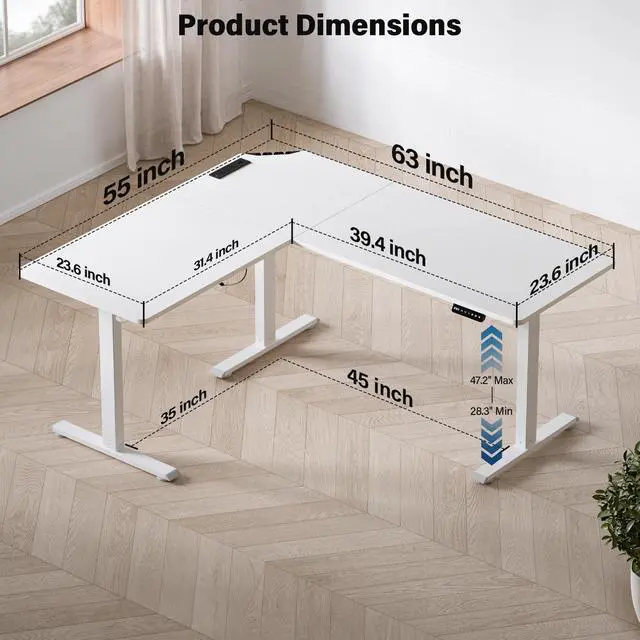 Alt view image 2 of 7 - 63 x 55 inch L-Shaped Standing Desk, Corner Computer Desk, Electric Standing Desk Adjustable Height, Sit to Stand Ergonomic Workstation for Home Office, White