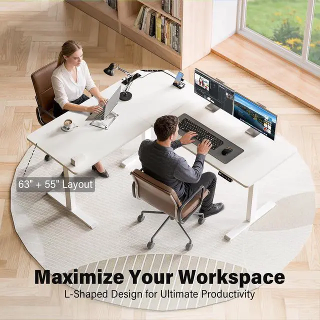 Alt view image 4 of 7 - 63 x 55 inch L-Shaped Standing Desk, Corner Computer Desk, Electric Standing Desk Adjustable Height, Sit to Stand Ergonomic Workstation for Home Office, White