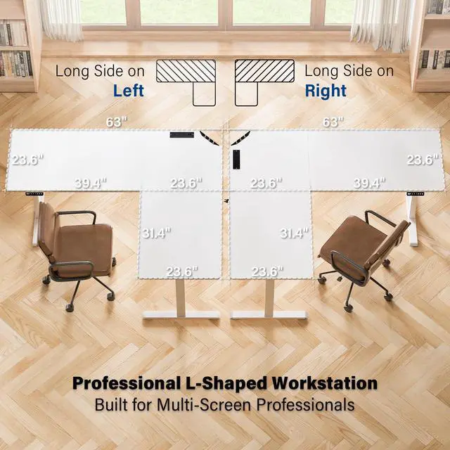Alt view image 3 of 7 - 63 x 55 inch L-Shaped Standing Desk, Corner Computer Desk, Electric Standing Desk Adjustable Height, Sit to Stand Ergonomic Workstation for Home Office, White